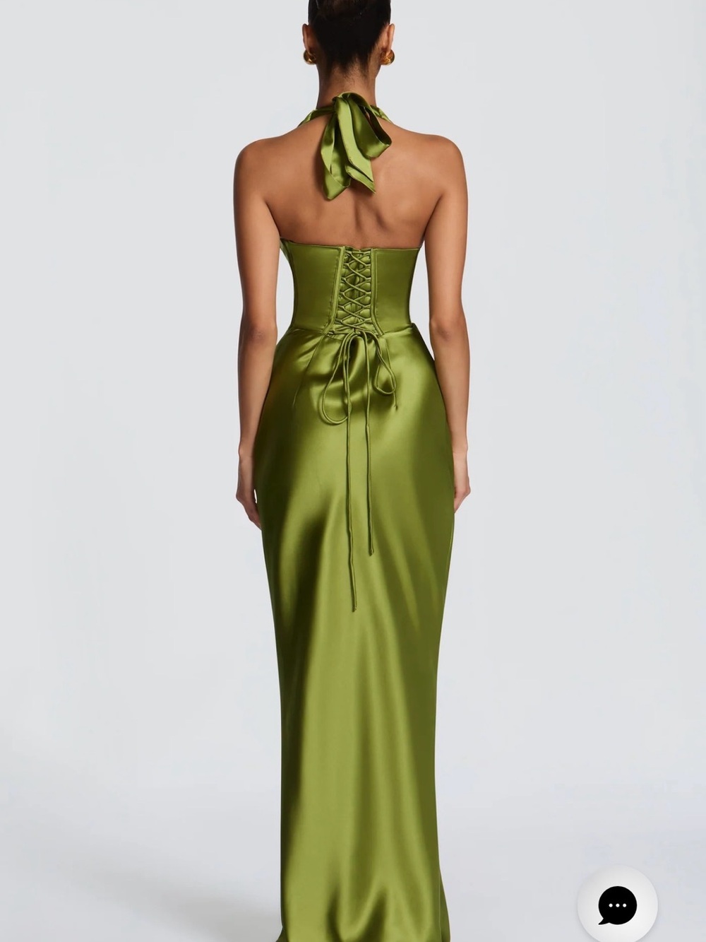 Satin Olive Halter Maxi Dress with Plunging V-Neck - Picture 3 of 8